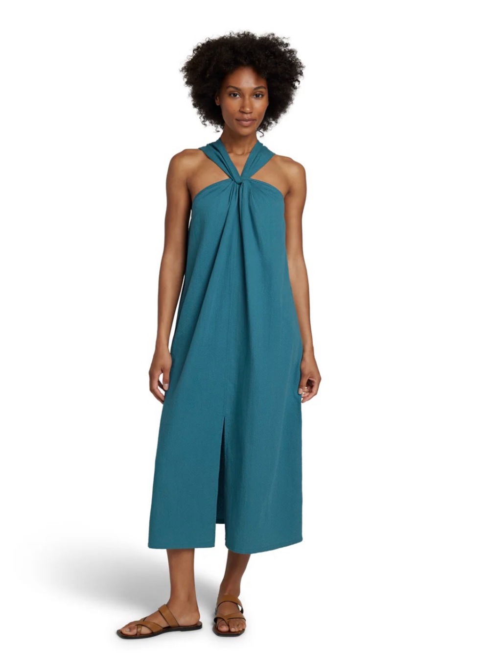 Faherty Halter Dress Organic Cotton Seersucker Teal Women’s Large